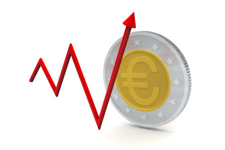Euro coins with up trend arrow isolated on white backgroundの写真素材