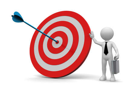 Business man and arrow on target isolated on white backgroundの写真素材