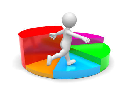 Man walking on pie chart isolated on white backgroundの写真素材