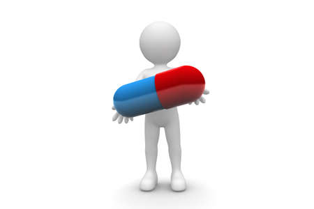 Man with pill isolated on white backgroundの写真素材