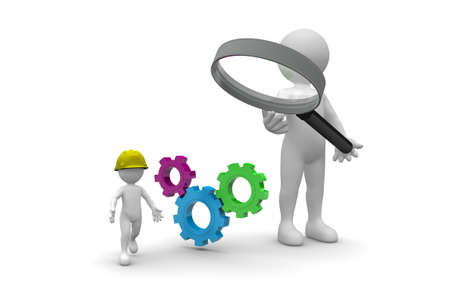 Manager with magnifying glass and worker isolated on white backgroundの写真素材