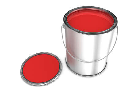 Tin of red paint isolated on white backgroundの写真素材