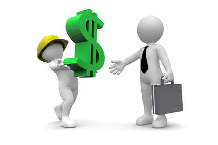 Worker carrying dollar sign to boss isolated on white backgroundの写真素材