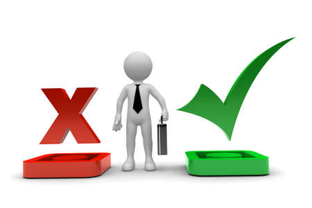 Business Man and Check and X signs isolated on white backgroundの写真素材