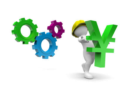 Worker and Yen Symbol isolated on white backgroundの写真素材