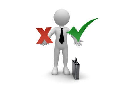 Manager Holding Check and X signs isolated on white backgroundの写真素材