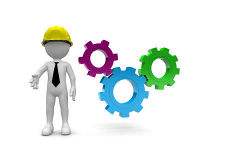Worker and Gears isolated on white backgroundの写真素材