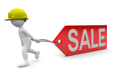 Worker pulling Sale Tag isolated on white backgroundの写真素材