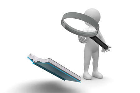 Man Reading Book with Magnifying Glass isolated on white backgroundの写真素材