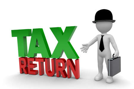 Business Man and Tax Return isolated on white backgroundの写真素材