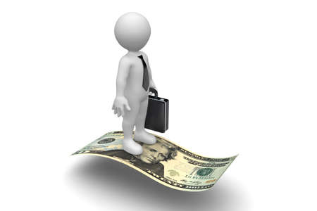 Business man Flying on Dollar bill isolated on white backgroundの写真素材