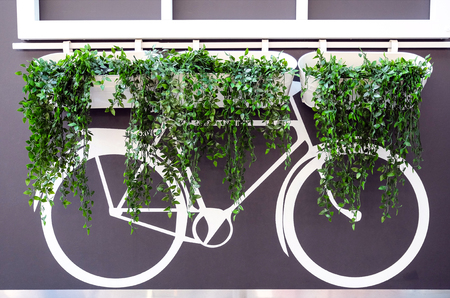 Hanging vines. Artificial greenery on the background of the cafe.の写真素材
