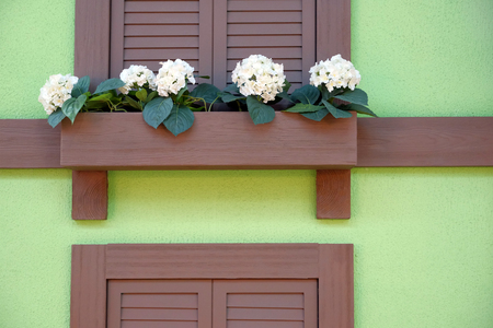 Wooden Bench for Rest under the Window. Flowers by the window and bench.の写真素材