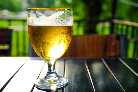 Beer in a glass glass glass, bubbles rise. On the background of green foliage glass with dropletsの写真素材