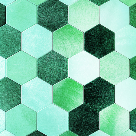 Abstract silver with green metallic background. Geometric hexagons.