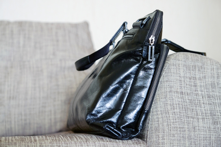 Zip on a leather bag. Close upの写真素材