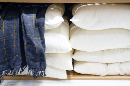 Blue soft armchair with plaid, high back reading lamp above the head. Living room interior.の写真素材