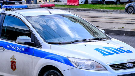Police car. Russian patrol car, the inscription police. Saint-Petersburg. Russia. April 19 2020のeditorial素材
