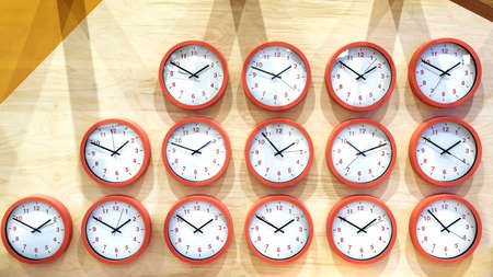The clock on the wall is arranged in a row.