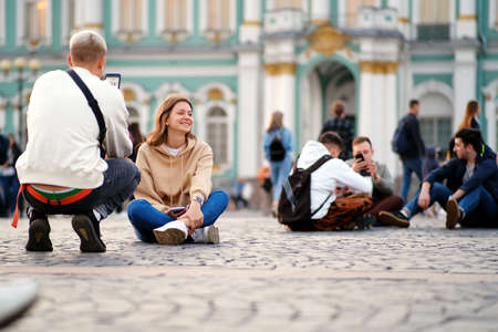 The city is full of tourists, people are walking around the city, the closing of the tourist season of St. Petersburg. Russia. October 1, 2020のeditorial素材