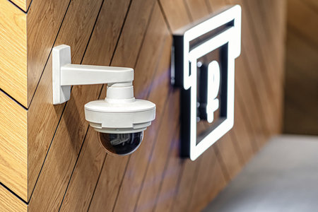 A review of surveillance cameras on white background. Security concept. Facial recognition. Program...
