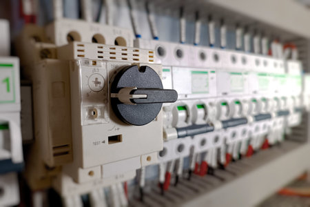 Detailed View of Electrical Circuit Breakers in an Industrial Power Distribution Panel