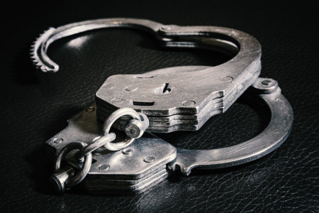 The handcuffs are lying on the leather seat of a police carの写真素材