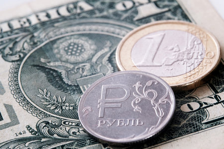 The Currency Exchange showcases the Dollar, Euro, and Ruble prominently for observationの写真素材