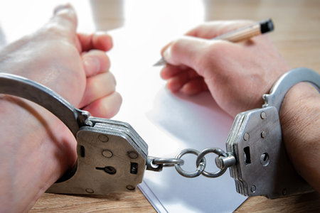 A man in handcuffs is trying to write confessions during interrogation by an investigator