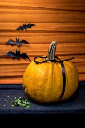 Big pumpkin with orange background and black paper bats behind it, with small green leaves beside itの写真素材