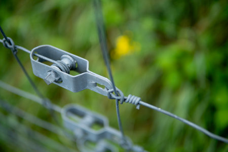 metallic guaya tensioning device installed outdoorsの写真素材