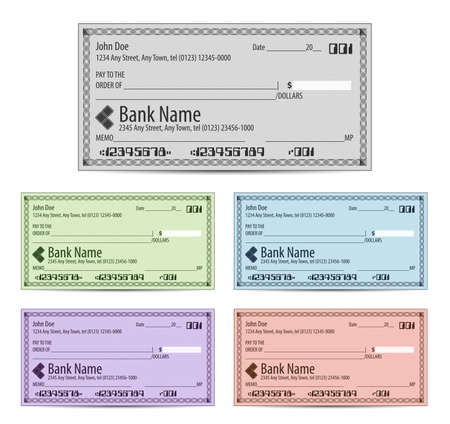 Vector illustration of blank bank checks in different colorsのイラスト素材