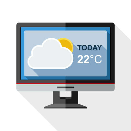 Icon of monitor with weather widget on the screen with long shadow on white backgroundのイラスト素材