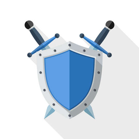 Shield and Sword icon with long shadow on white backgroundのイラスト素材