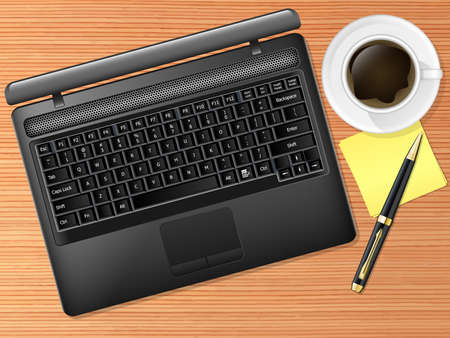 Vector laptop on the desk with coffee cup and pen. Top viewのイラスト素材