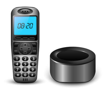 Modern wireless phone with clock on the screen and charger. Vector illustrationのイラスト素材