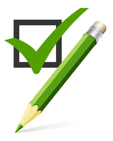 Vector illustration of a check mark with pencil on a white backgroundのイラスト素材
