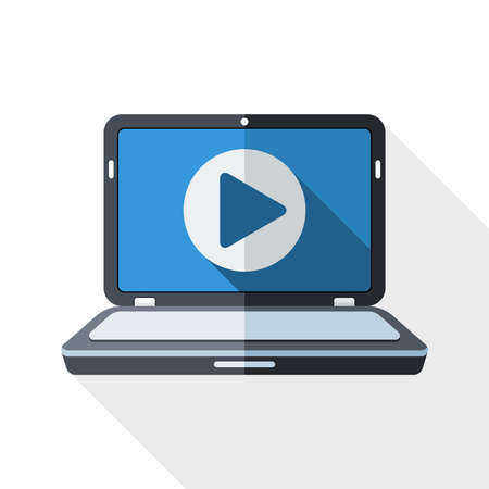 Laptop icon with play button on the screen and long shadow on white backgroundのイラスト素材