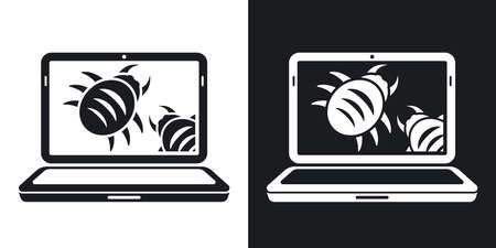 Laptop is infected by malware, vector illustration. Two-tone version on black and white backgroundのイラスト素材