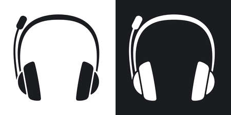 Vector headphones and microphone icon. Two-tone version on black and white backgroundのイラスト素材
