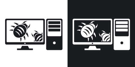 Workstation is infected by malware, vector illustration. Two-tone version on black and white backgroundのイラスト素材