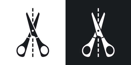 Vector scissors icon with cutting line. Two-tone version on black and white backgroundのイラスト素材
