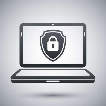 Vector Laptop icon with a protective shield symbol on a screen. Simple icon on a light gray backgroundのイラスト素材