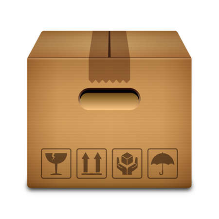 Cardboard box icon with packaging symbols isolated on white background, vector illustrationのイラスト素材