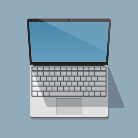 Vector illustration of a working laptop with an open screen, casting a shadow over a solid background. View from aboveのイラスト素材