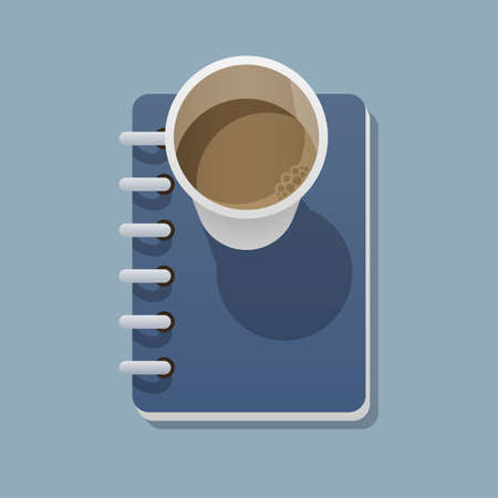 Disposable coffee cup and notepad is on a flat surface and casts a shadow on it. View from above. Vector illustration in a trendy flat styleのイラスト素材