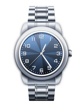 Classic wrist watch with metal watchband isolated on white background. Realistic vector illustrationのイラスト素材