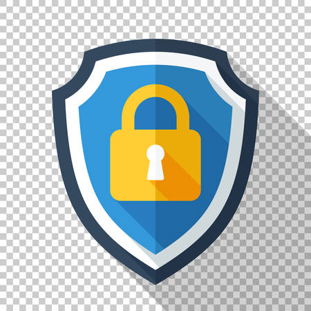 Protective shield with locked padlock icon in flat style with long shadow on white backgroundのイラスト素材