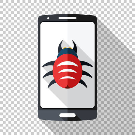 Smartphone icon in flat style infected by malware with long shadow on transparent backgroundのイラスト素材