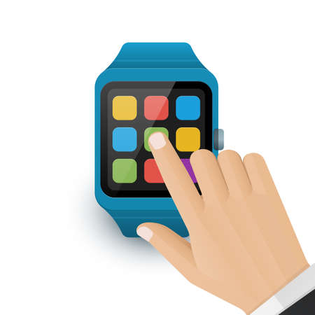 Human hand tap the application icon on smart watch screen. Vector illustration of smartwatch icon on white backgroundのイラスト素材
